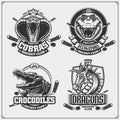 Hockey badges, labels and design elements. Sport club emblems with cobra, dragon and crocodile.