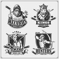 Hockey badges, labels and design elements. Sport club emblems with hunter, wizard, king and joker. Print design for t-shirts.