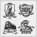 Hockey badges, labels and design elements. Sport club emblems with lion, cobra, raptor dinosaur and scorpion.