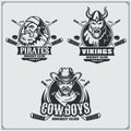 Hockey badges, labels and design elements. Sport club emblems with pirate,cowboy and viking.