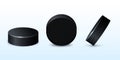 Hockey black puck. Rubberized circle for winter ice skating