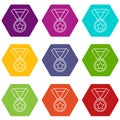 Hockey champion medal icons set 9 vector