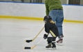 Hockey coach teaches a little hockey girl player to play ice hockey. The view is from the back of them.