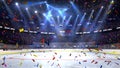 Hockey court with people fan. Sport arena. Ready to start championship. 3d render. Moving lights whith confetti