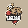 Hockey emblem ferocious lion with stick Royalty Free Stock Photo