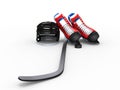 Hockey equipment - blue and red skates with black helmet Royalty Free Stock Photo