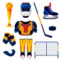 Hockey equipment set, training tools, flat icons