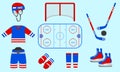 Hockey equipment set. Vector illustration. Isolated icons for winter sports designs. Hockey puck, stick, rink, skates, field, helm Royalty Free Stock Photo