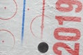 Puck and fragment of ice hockey arena with markup