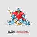 Hockey goalie positioning. Vector outline of hockey player with scribble doodles.