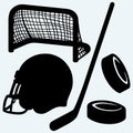 Hockey icon. stick, puck, hockey gates and helmet