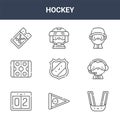 9 hockey icons pack. trendy hockey icons on white background. thin outline line icons such as mouth guard, sports announcer,