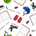 Hockey pattern. Gloves helmet stick and hockey pucks decent vector seamless background