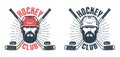 Hockey player with beard and crossed sticks - vintage sport emblem Royalty Free Stock Photo
