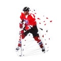 Hockey player, low polygonal ice skater in red jersey with puck, isolated vector illustration Royalty Free Stock Photo