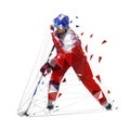 Hockey player, low polygonal ice skater in red jersey with puck, isolated vector illustration Royalty Free Stock Photo