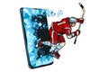 Hockey player Phone gadget smartphone. Online Internet application service program