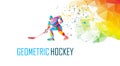 Hockey player silhouette, polygonal vector illustration. Low poly ice hockey skater with puck Royalty Free Stock Photo