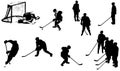 Hockey players in action and team standing motionless, isolated on white background. Set of silhouettes of athletes.