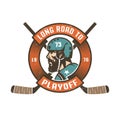 Hockey playoff logo with bearded player`s head in retro helmet