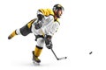 Hockey power shot. Hockey player in the helmet and gloves on white background. Sport concept. Athlete in action Royalty Free Stock Photo