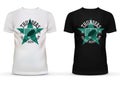 Hockey puck flying into goal print on t-shirt. College team thunders registered trademark inside star on sportswear