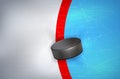 Hockey puck on ice - on red line of goalpost Royalty Free Stock Photo