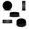 Hockey puck isolated on white background 3d realistic vector objects, set of different positions: front, side, isometric view