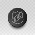 Hockey puck with NHL logo on a gray background. Vector illustration. EPS 10. Kyiv, Ukraine - October 30, 2022