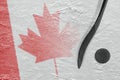 Canadian flag image and hockey stick with puck