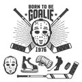Hockey retro emblem with vintage goalkeeper`s mask and sticks