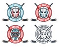 Hockey retro logo with goalie mask, crossed sticks and round ribbon Royalty Free Stock Photo