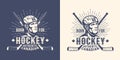 Hockey retro vintage logo with player head and crossed sticks Royalty Free Stock Photo