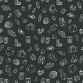 Hockey seamless pattern. Hand-drawn elements of sports equipment on a dark gray background. Royalty Free Stock Photo