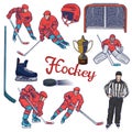 Hockey set of various objects and players isolated on a white background. Vector graphics