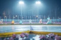 A hockey stadium during a calm evening, the ice surface glowing under soft, natural lighting.