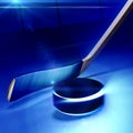 Hockey Stick and Floating Puck on the Ice Rink Royalty Free Stock Photo