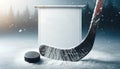 Hockey Stick And Hockey Puck On Snow Banner. Hockey Banner With Copyspace and Text Space