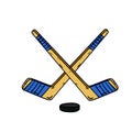 Hockey stick and puck. Crossed sports equipment. Winter Games