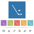 Hockey stick and puck flat white icons in square backgrounds