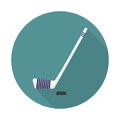 Hockey stick and puck with long shadow, hockey stick and puck vector icon illustration. Hockey Stick flat and puck icon