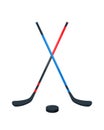 Hockey Sticks and black puck. Sport equipment. Royalty Free Stock Photo