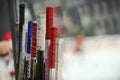 Hockey sticks near the locker room before the game