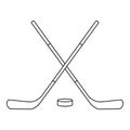 Hockey sticks and puck icon, outline style