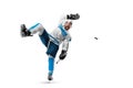 Hockey stupidity. Crazy emotions. Very emotional hockey player with stick in his hands. Athlete in action. Hockey Royalty Free Stock Photo