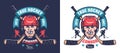 Hockey team emblem with player head and crossed sticks. Retro sport logo. Royalty Free Stock Photo