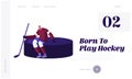 Hockey Tournament Website Landing Page. Athlete Sportsman in Uniform, Helmet, Skates with Equipment Holding Stick