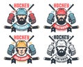 Hockey vintage logo with bearded player, crossed sticks and ribbon Royalty Free Stock Photo