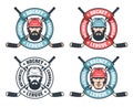 Hockey vintage logo with bearded player, crossed sticks and round ribbon Royalty Free Stock Photo