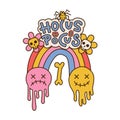 Hocus pocus - Hippie groovy halloween isolated concept on white background. Retro graphic print with emoji, rainbow